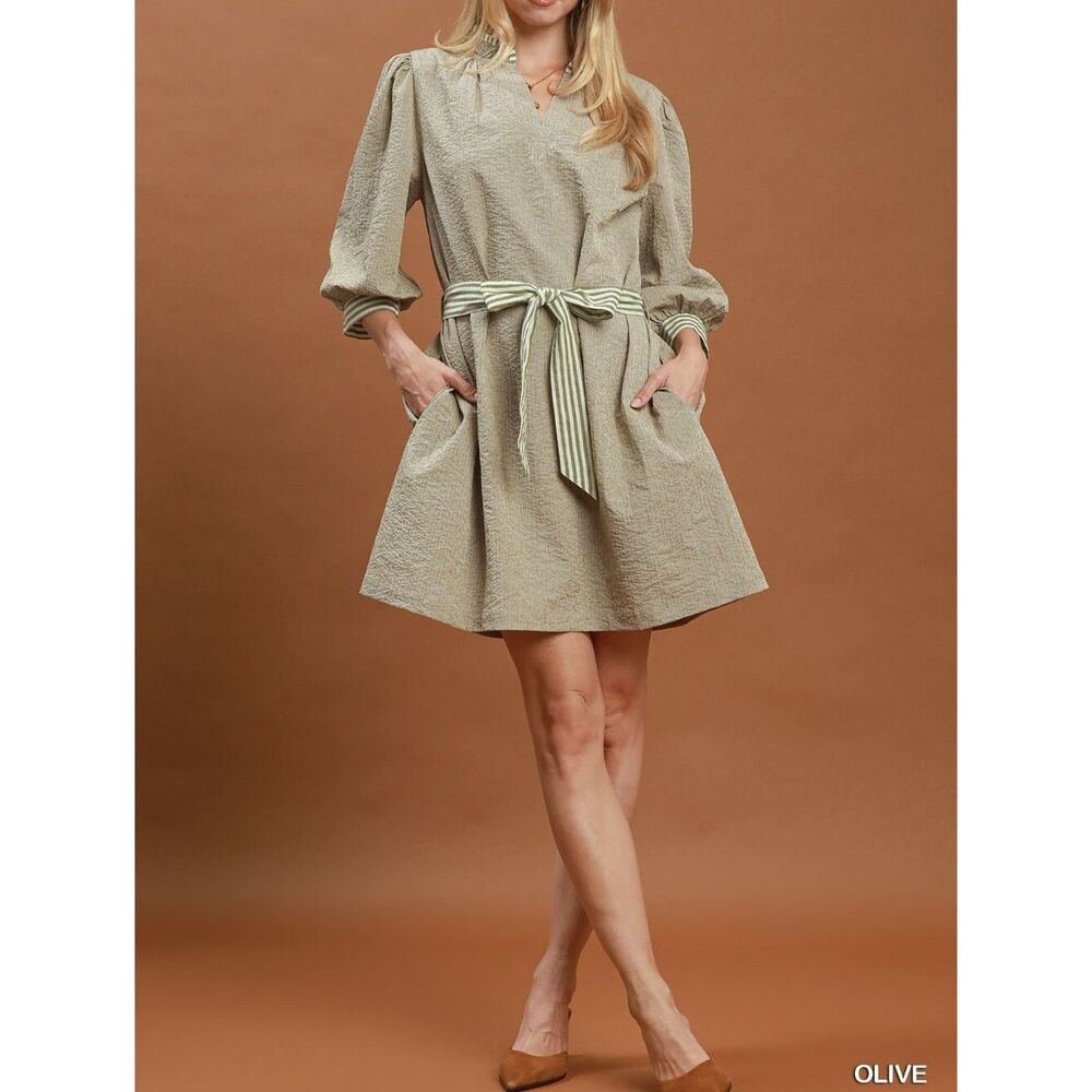 Umgee USA Umgee Textured Contrast Trim Tie Waist Olive Puff Sleeve Mini Dress